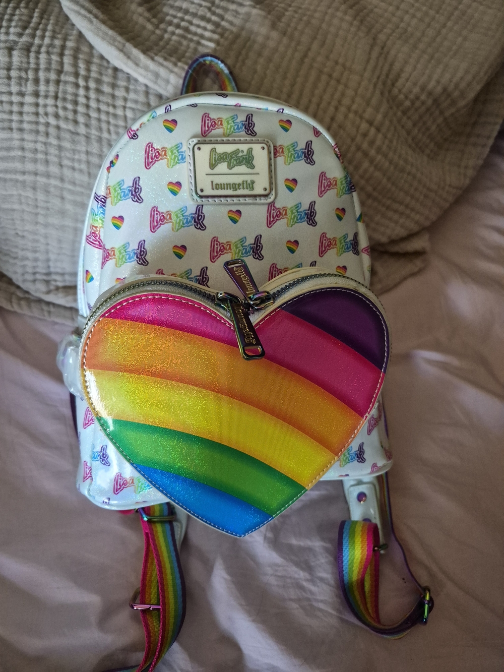 NWT Loungefly White Rainbow Heart Mini Backpack - Lisa Frank